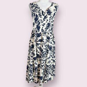 Magaschoni Women's Midi Dress White Navy Flroal Linen Blend Size 4 Smocked